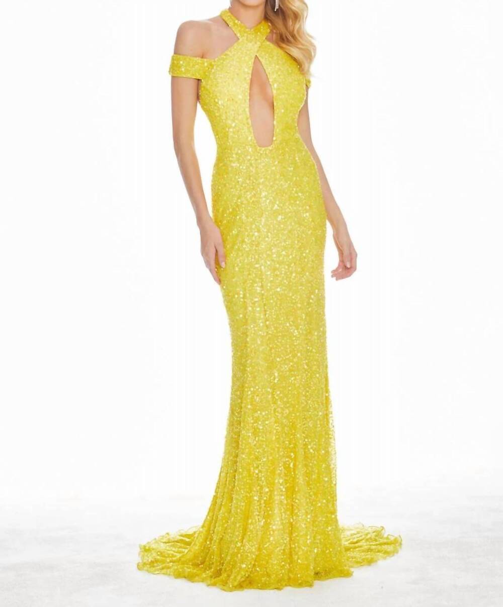 NEW ASHLEYLAUREN beaded sequin open back dress in yellow